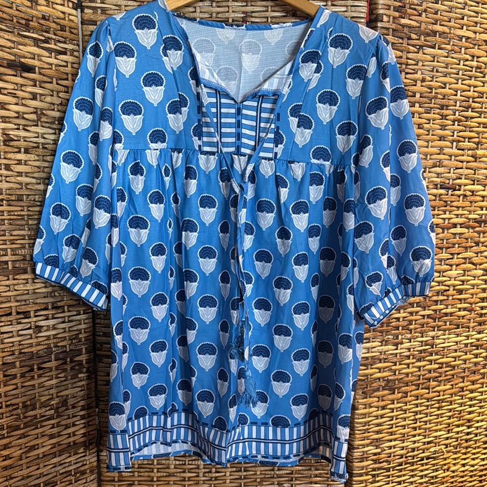 2X Blue Spring Summer Blouse Top